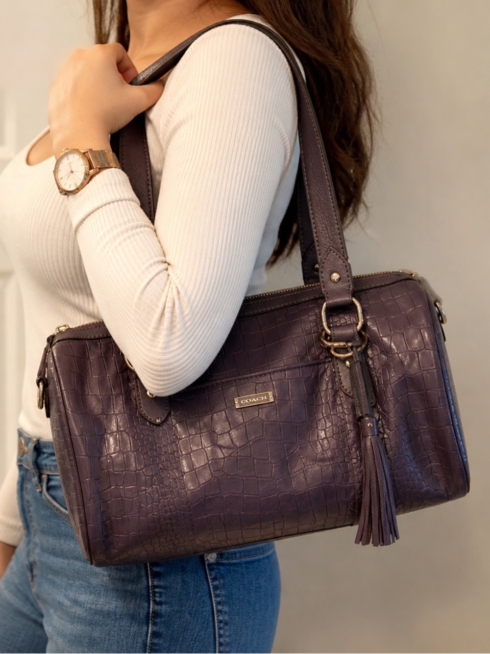 Coach Plum Croc-Embossed Shoulder Bag